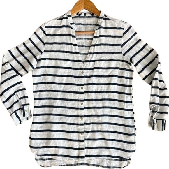 Zara Women's Linen Roll Tab Sleeves Button Down Blouse Striped White Navy Sz XS - Picture 1 of 9